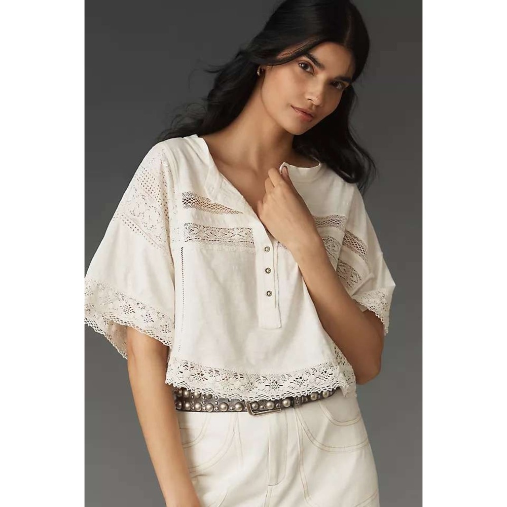 Pilcro Henley Boxy Top XL Cream Crochet Lace Slub Cotton Romantic Cottagecore
